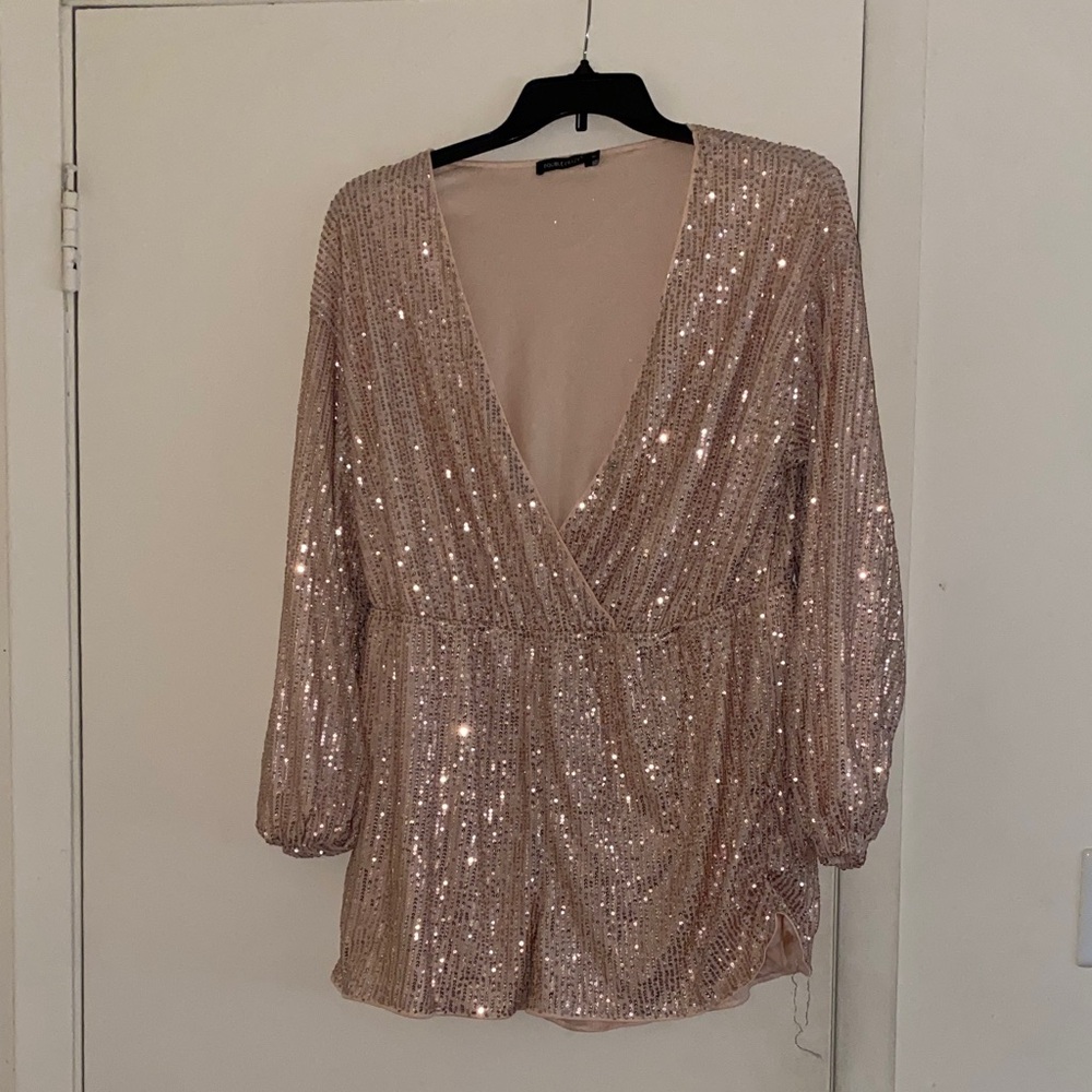 Sequin V-Neck Jumpsuit - Rose Gold